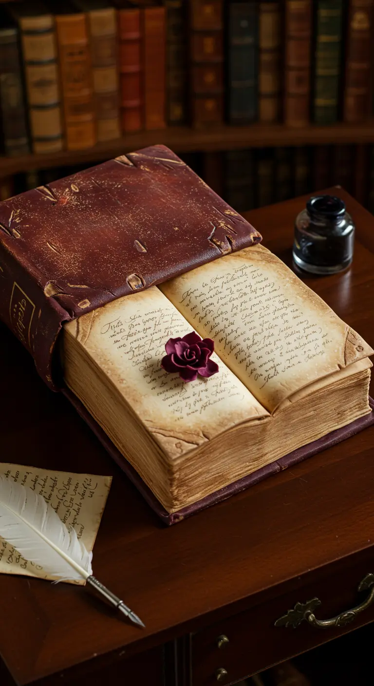 Aufgeschlagene Buch-Torte mit handgeschriebenem Text und einer Zuckerrose.