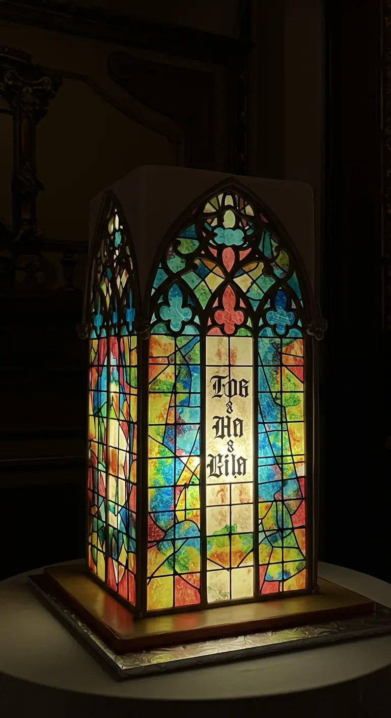 Torte in Form eines Kirchenfensters, leuchtend, mit Namen im Design.
