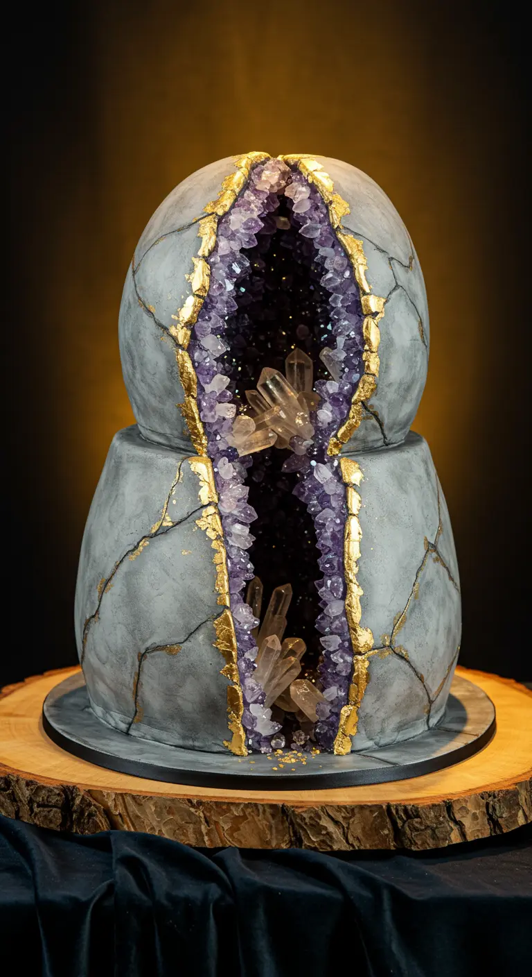 Torte in Kugelform, die wie ein aufgebrochener Amethyst-Kristall aussieht, mit violetten Zuckerkristallen und goldenen Akzenten.