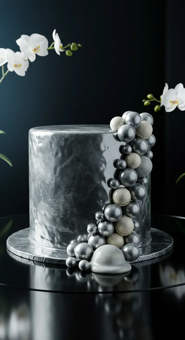 Runde silberne Torte mit Metallic-Effekt und einem Cluster aus silbernen Macarons.