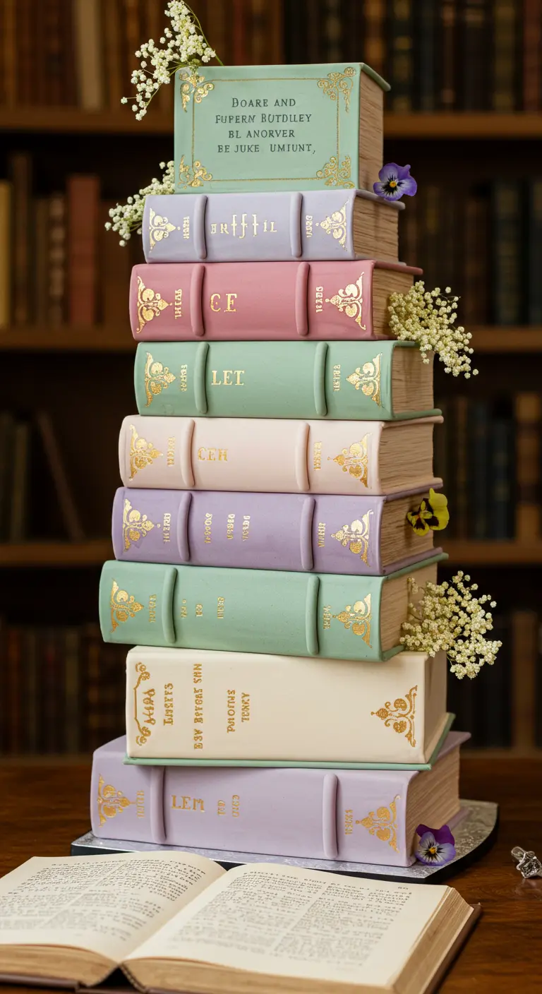 Hochzeitstorte als Stapel pastellfarbener Bücher mit Goldverzierungen und kleinen Blüten.