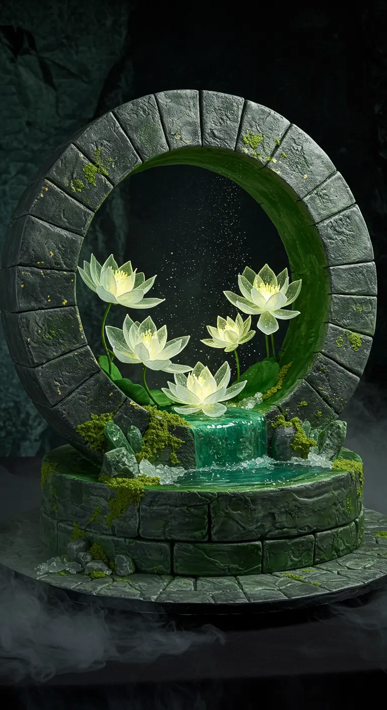 Steinähnliche Hochzeitstorte mit einem zentralen Brunnen, leuchtenden Zucker-Lotusblüten und Moosdekor.