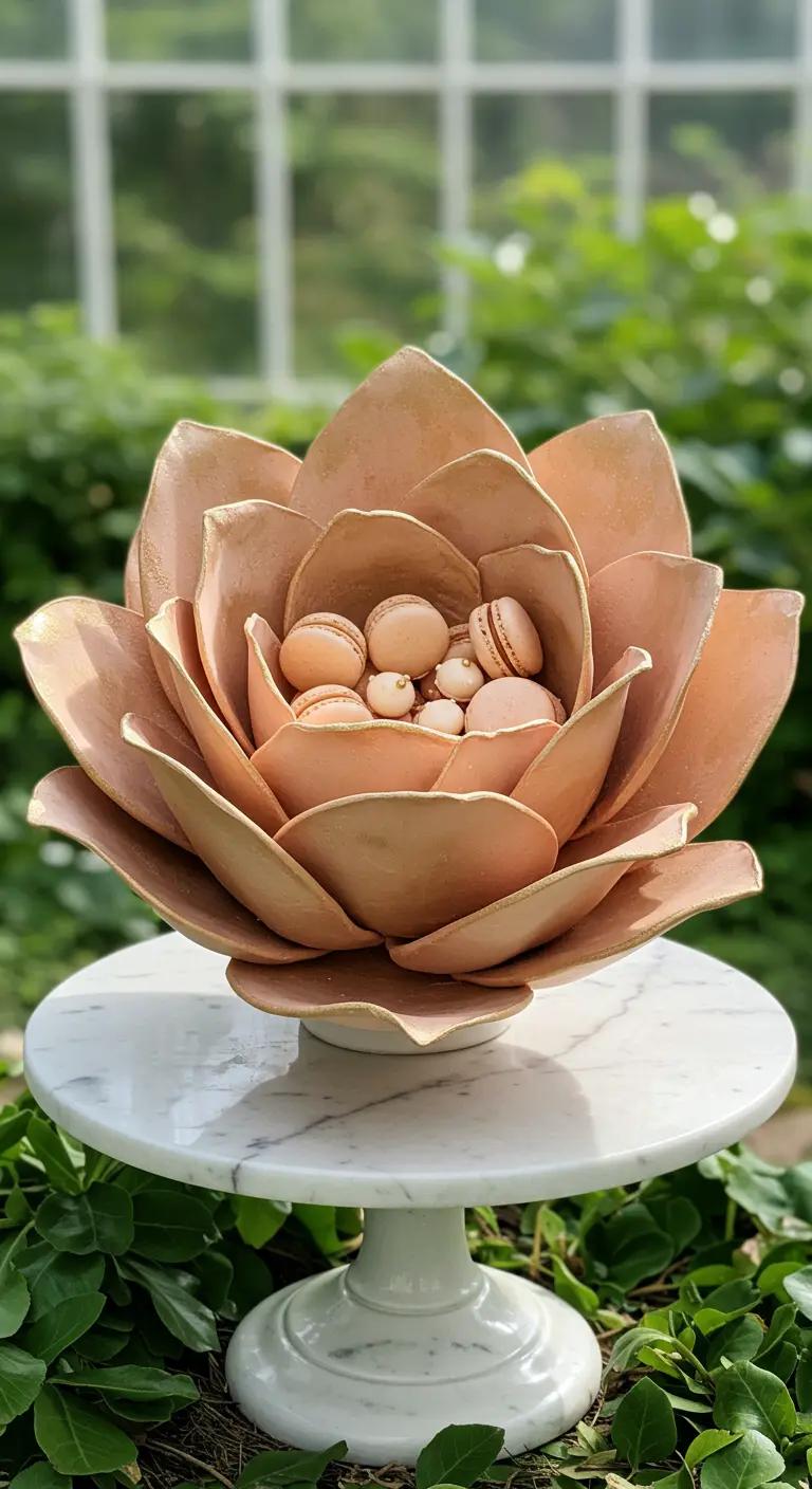 Torten-Skulptur in Form einer goldenen Lotusblüte, gefüllt mit Macarons.