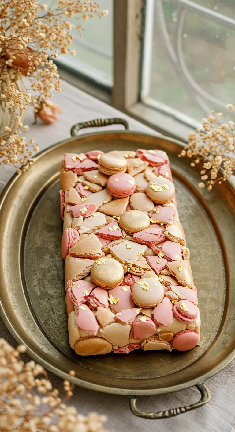 Rechteckiger Kuchen bedeckt mit zerbrochenen Macarons in Rosa-Beige und Goldfolie.