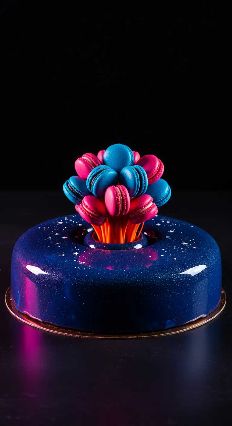 Runde blaue Torte mit aufsteigenden pink-blauen Macarons wie eine Rakete.