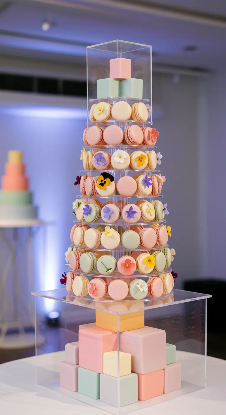 Hoher Turm aus pastellfarbenen Macarons, dekoriert mit kleinen essbaren Blüten, auf einer bunten Würfelbasis.