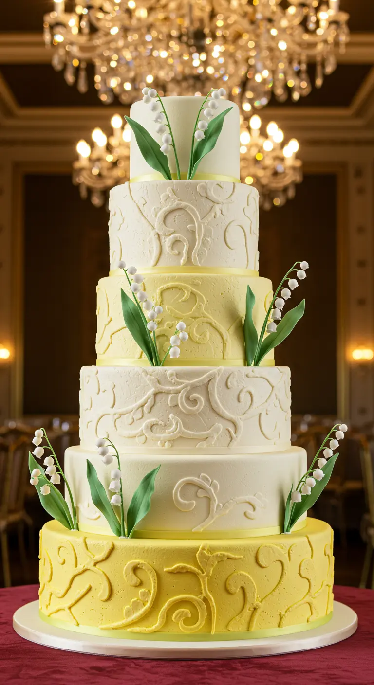 Mehrstöckige Hochzeitstorte in Weiß und Pastellgelb mit Maiglöckchen und barocken Ornamenten.
