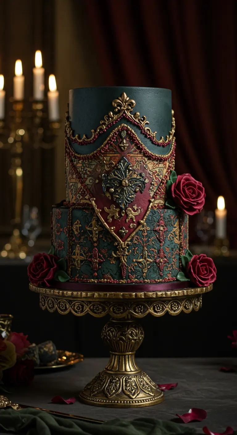 Dunkelgrüne und burgunderrote Torte mit detaillierten orientalischen Mustern und goldenen Verzierungen.