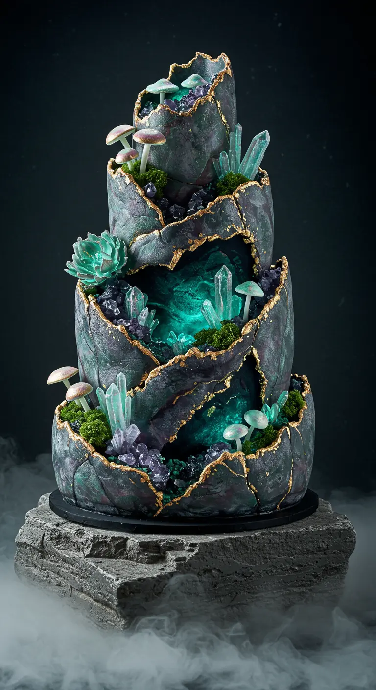 Geode-Hochzeitstorte in Dunkelgrau mit grünen Kristallen, Moos und Zuckerpilzen.