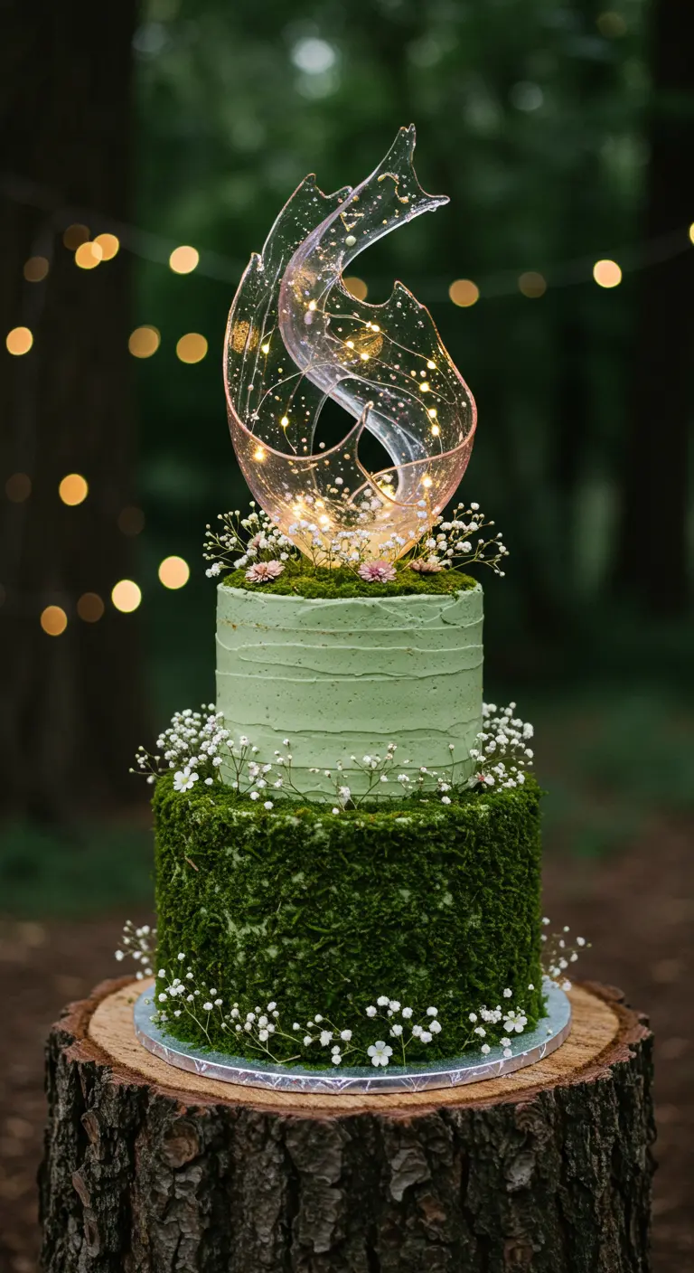 Grüne Torte mit Moos-Textur, dekoriert mit einer leuchtenden Zuckerskulptur und Lichterkette.