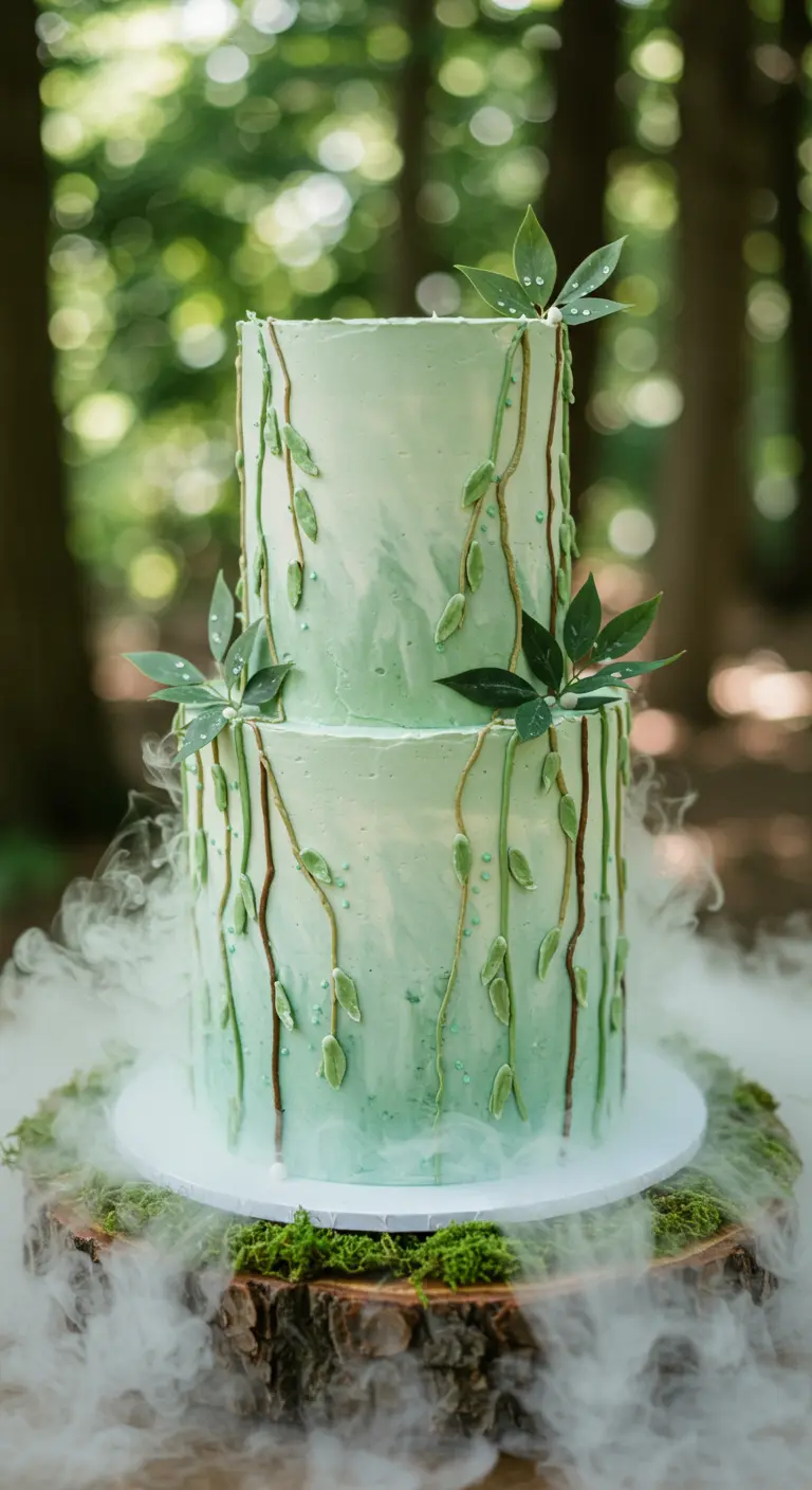 Grüne, zweistöckige Torte mit Ranken und Blättern, umgeben von mystischem Nebel.