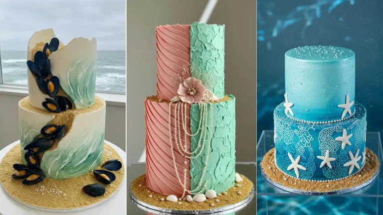 Maritime Hochzeitstorten: Elegante Designs mit Muscheln, Seesternen und Sandzucker für eine Hochzeit am Meer.