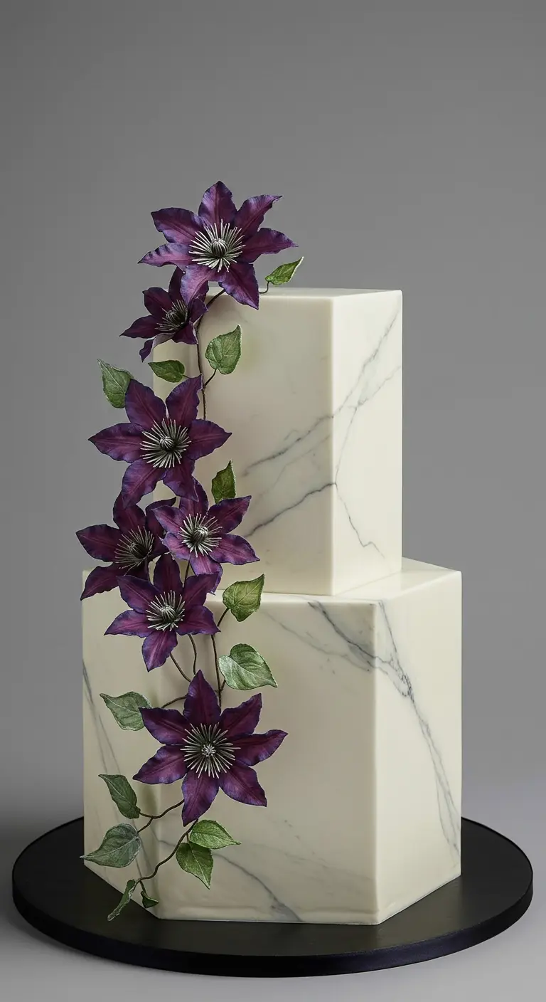 Weiße zweistöckige Marmor-Torte mit lila Clematis-Blütenranke.