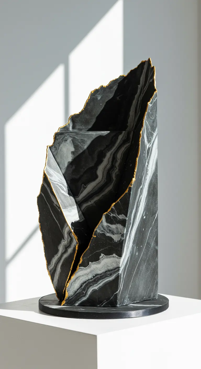 Asymmetrische Torte in schwarz-weißer Marmoroptik mit einer scharfen, goldenen Kante.