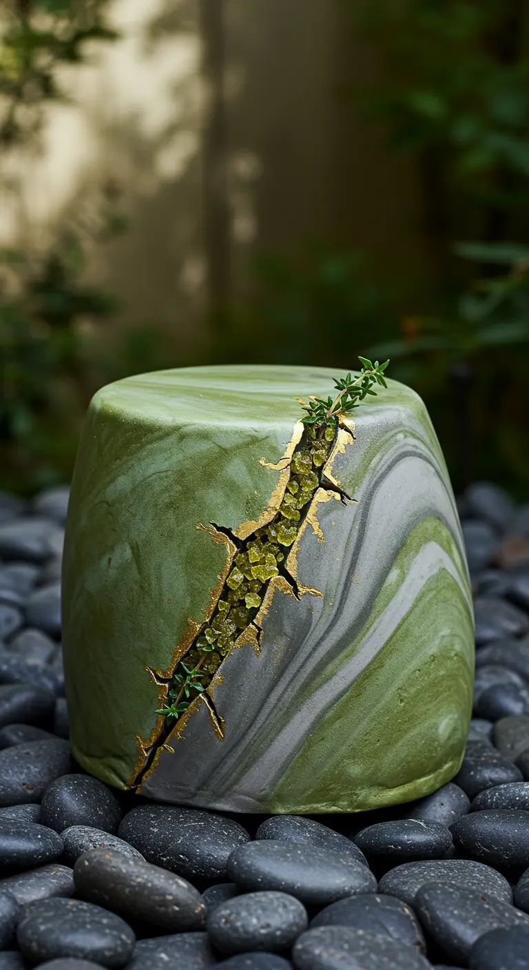 Grün-weiß marmorierte Torte mit einem goldenen Riss, gefüllt mit grünen Kristallen und Thymian.