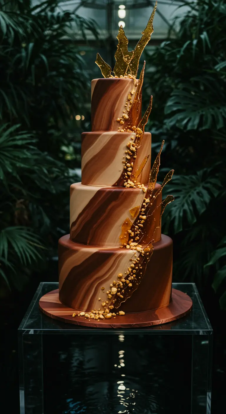 Vierstöckige Torte mit braunem Marmor-Effekt, knusprigen Karamell-Scherben und goldenem Streusel.