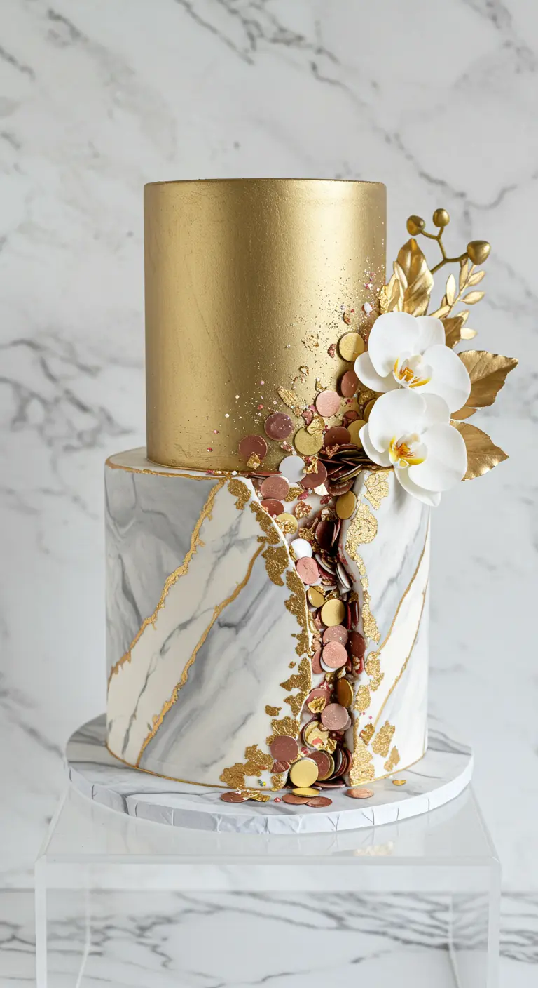 Zweistöckige Torte, untere Etage Marmor, obere Gold, mit Konfetti-Kaskade und Orchideen.