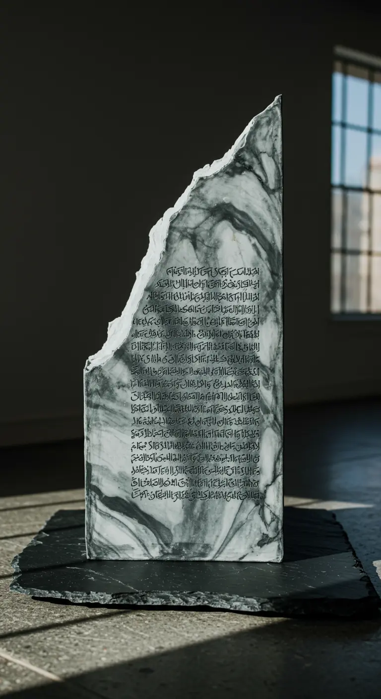 Hohe Marmor-Torte mit schrägem Bruch und eingravierten Schriftzeichen, auf dunkler Platte