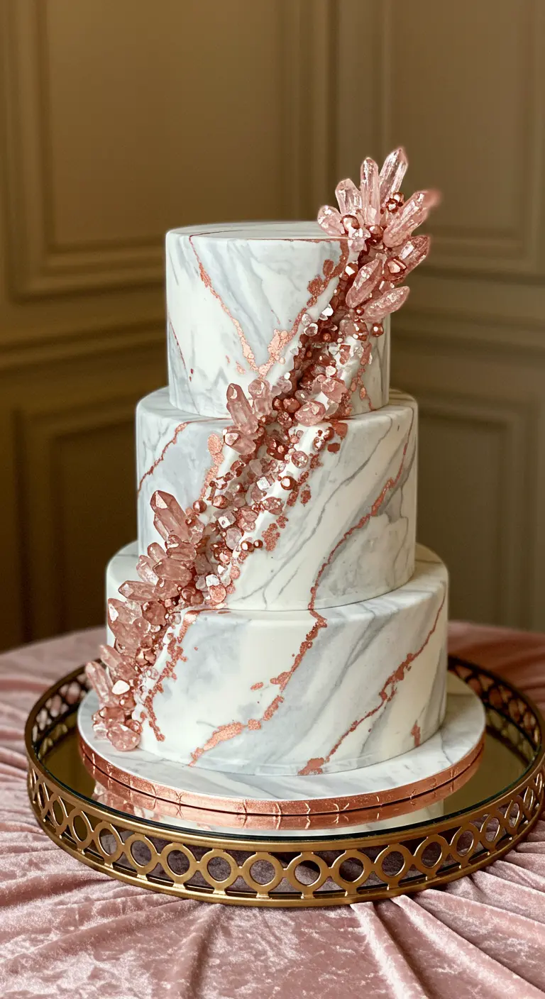 Dreistöckige Marmortorte (weiß/grau) mit Roségold-Akzenten und rosa Zuckerkristall-Kaskade.