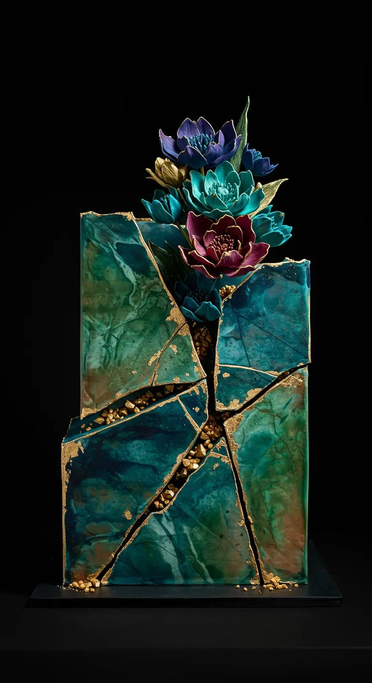 Quadratische Hochzeitstorte mit gebrochener Marmor-Optik in Blau-Grün, gefüllt mit Gold und bunten Zuckerblumen.