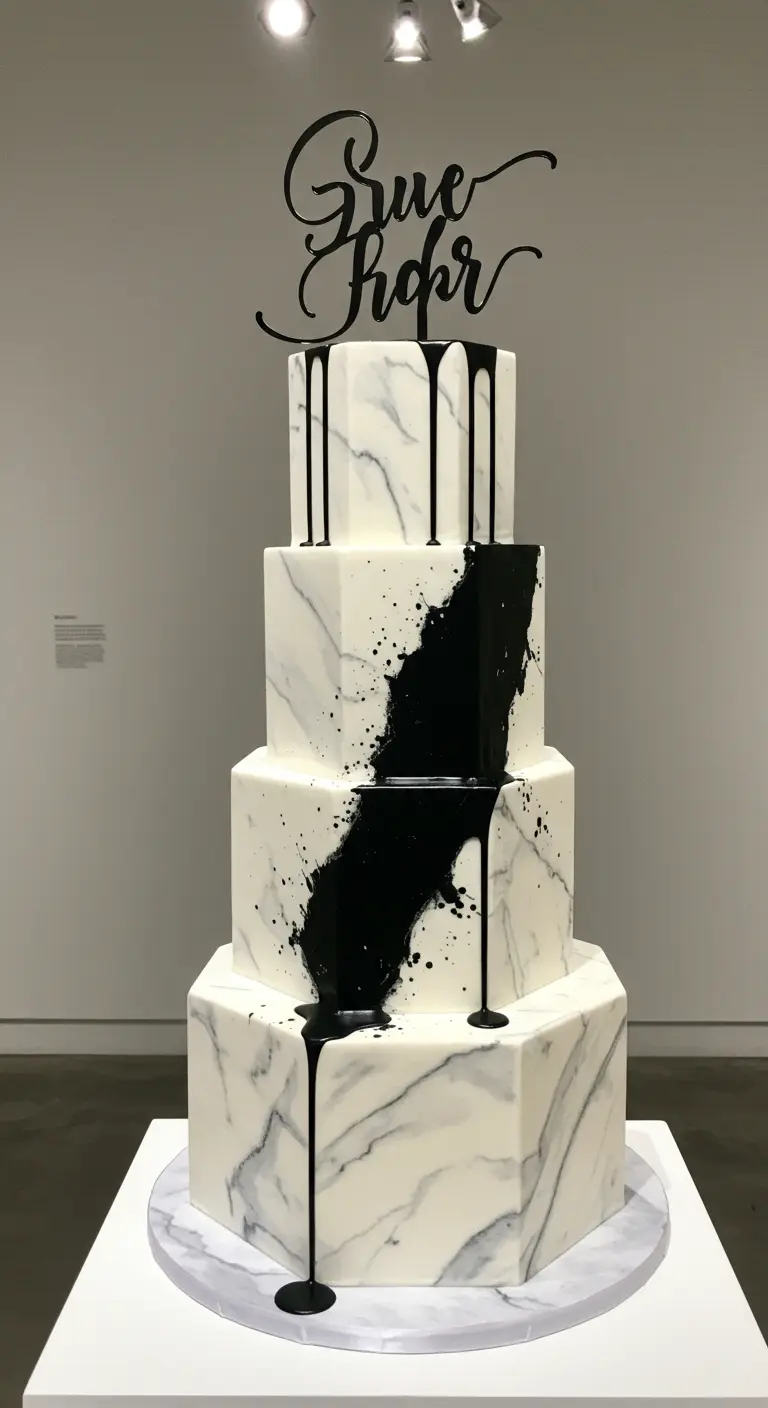 Weiße Marmor-Hochzeitstorte mit dramatischem schwarzen Drip und Tinten-Spritzern.