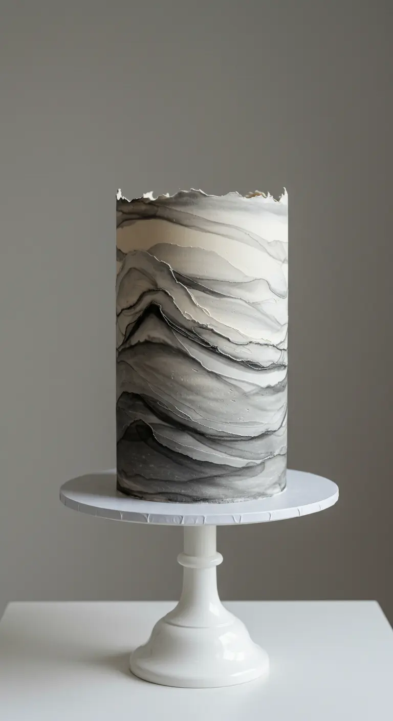 Hohe Torte mit grau-weißer, rauchig-marmorierter Wellentextur.