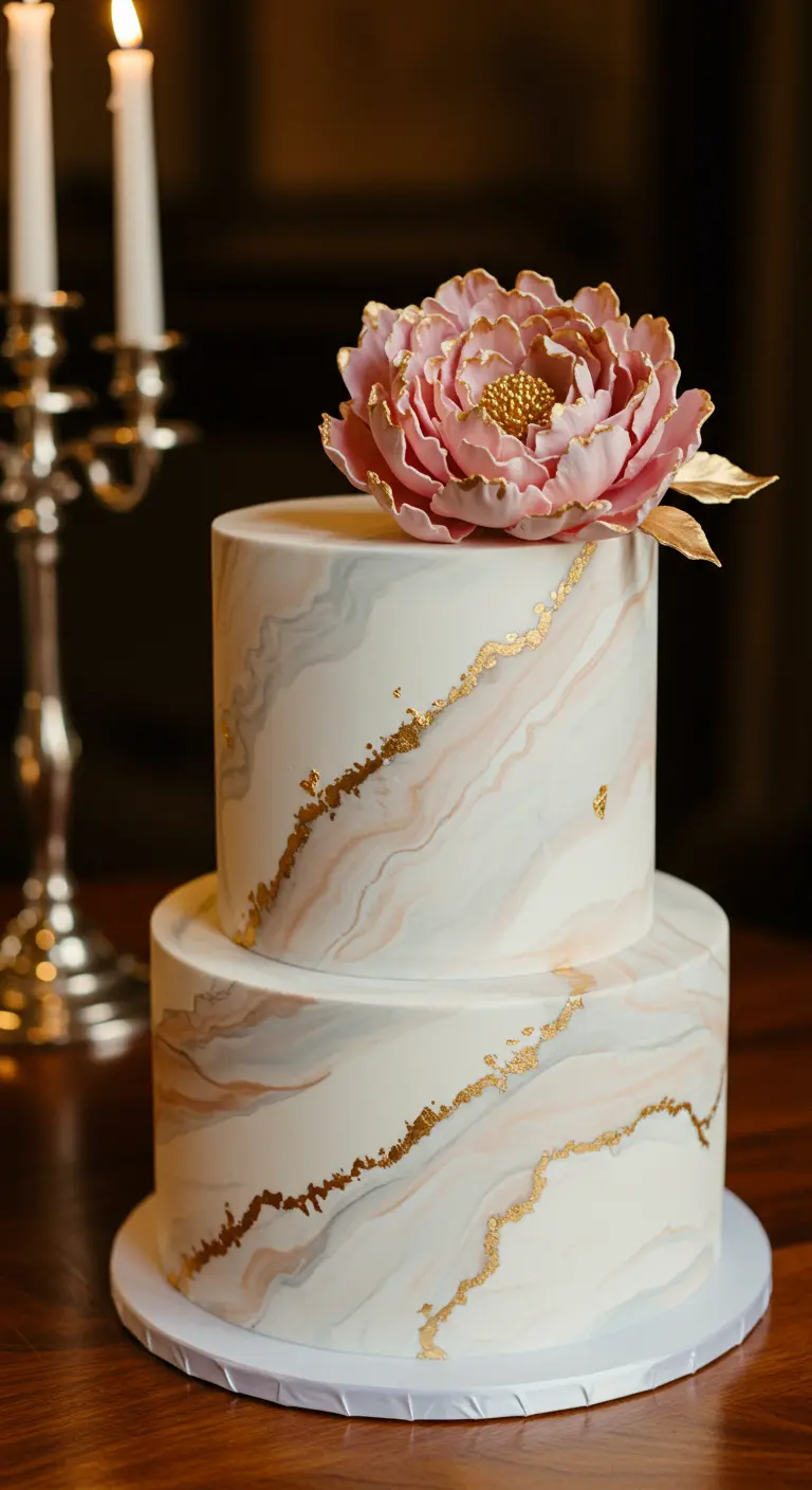 Zweistöckige Hochzeitstorte mit rosa-weißem Marmoreffekt, goldenen Adern und einer großen rosa Zuckerblüte.