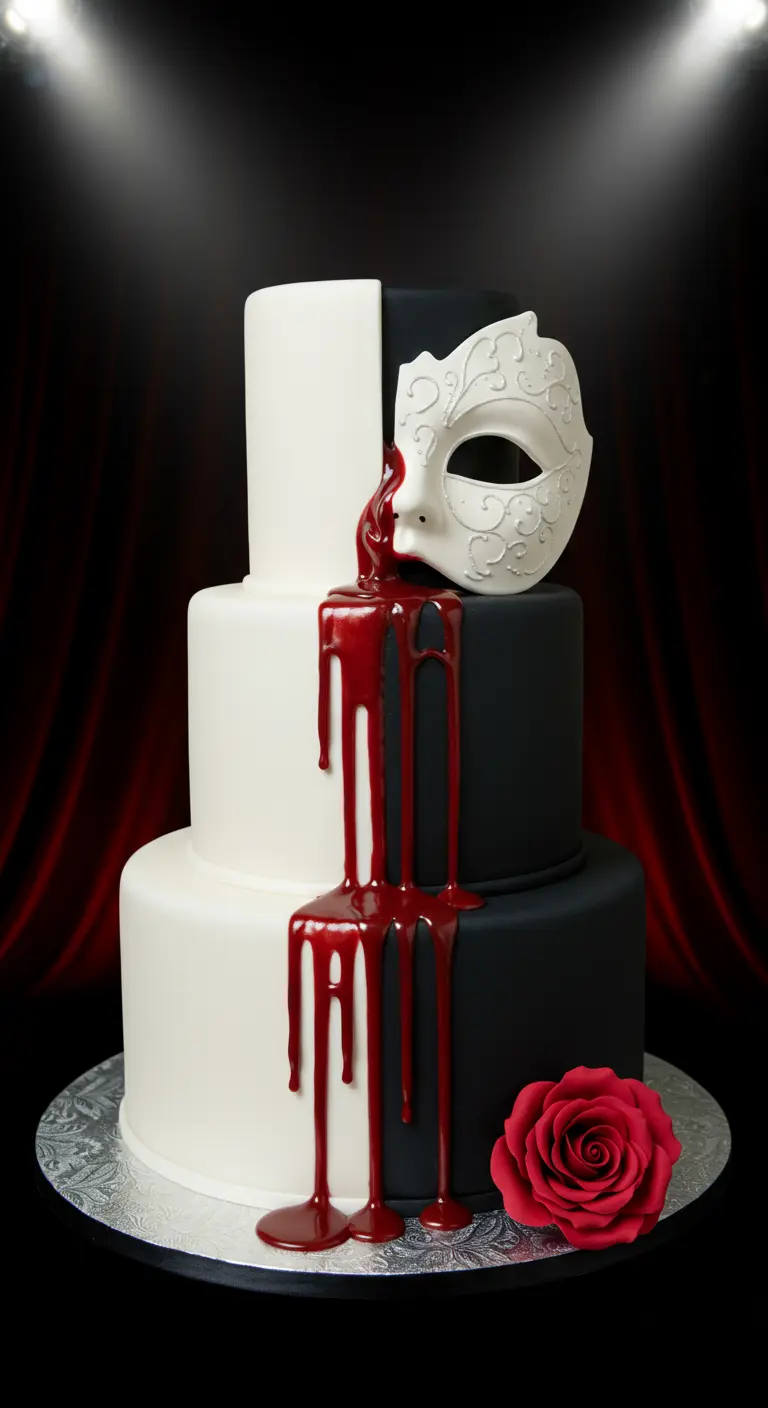 Hochzeitstorte, halb weiß, halb schwarz, mit rotem Drip in der Mitte und einer venezianischen Maske.
