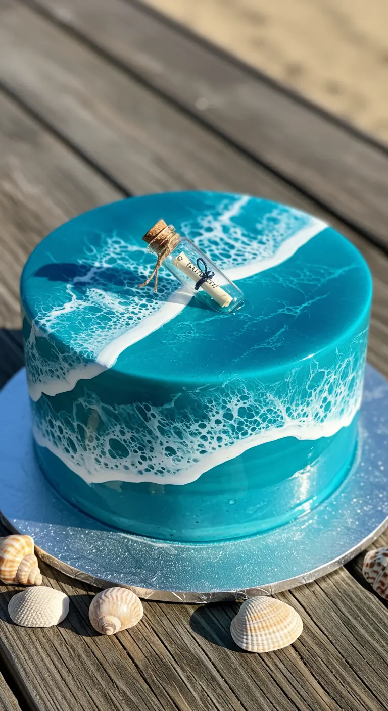 Blaue Meerestorte mit Wellen und einer Mini-Flaschenpost als Topper.