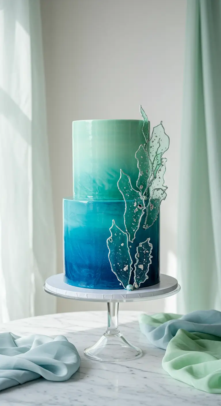 Zweistöckige Ombre-Torte in Türkis und Blau mit durchsichtigen, splitternden Zucker-Dekorationen.