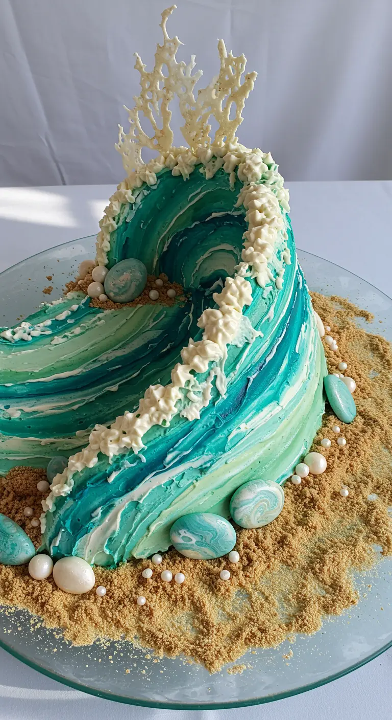 Wellenförmige Torte in Türkis-Weiß-Ombré, dekoriert mit weißer Schokoladenkoralle und essbarem Sand.