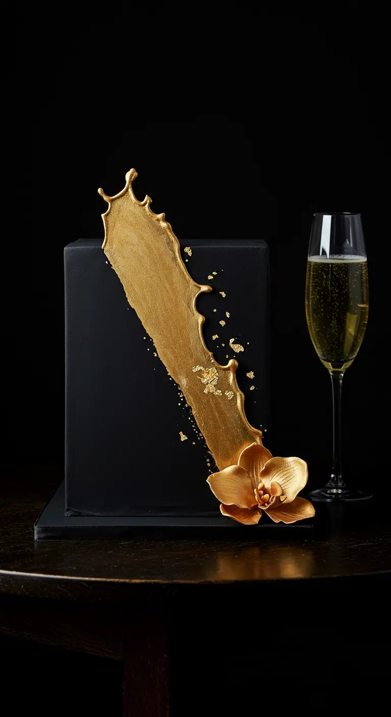 Schwarze quadratische Torte mit goldenem Splash-Effekt und goldener Orchidee, daneben ein Glas Sekt.