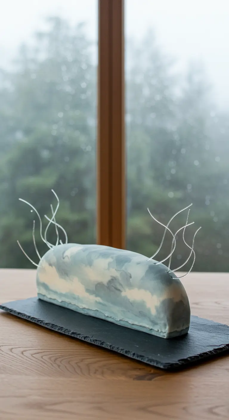 Längliche, graublau marmorierte Torte, die eine Wolke darstellt, mit silbernen Zuckerfäden.
