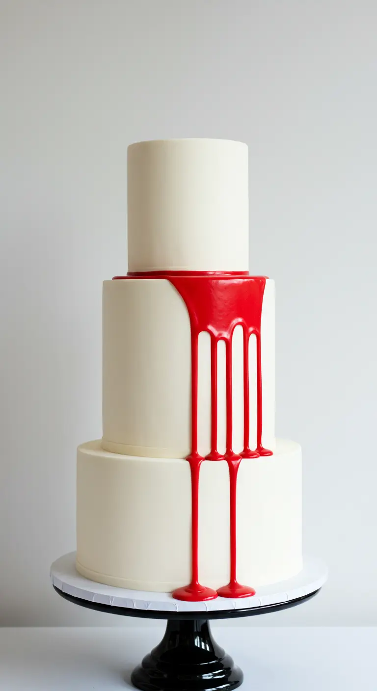 Reinweiße, zylindrische Hochzeitstorte mit einem einzelnen, kräftigen roten Drip.