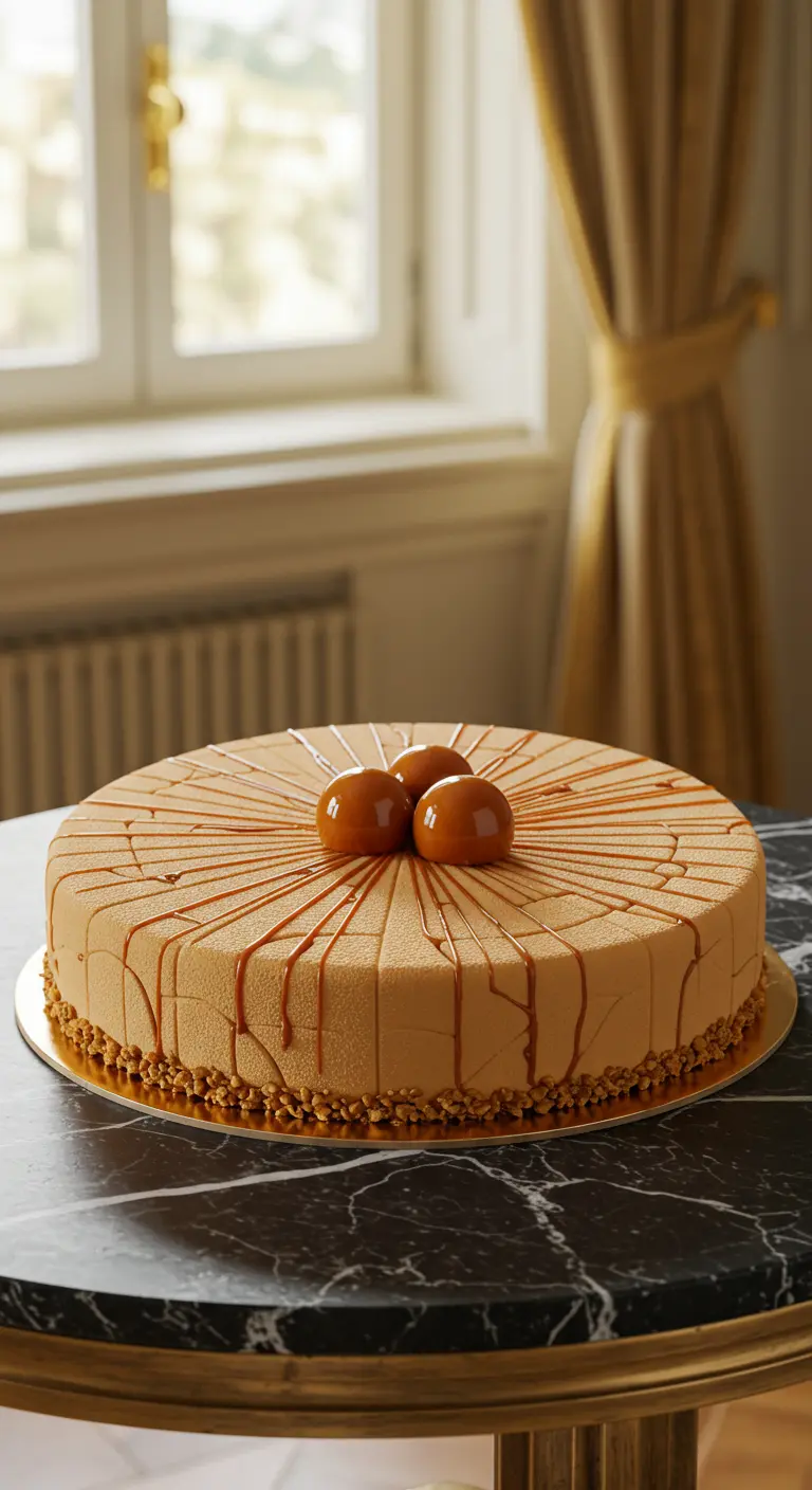 Flache, runde Karamelltorte mit feinem Karamell-Drizzle und drei Karamellkugeln.