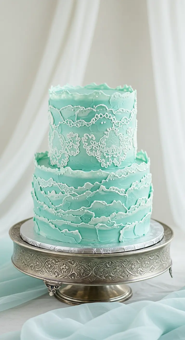 Zweistöckige mintgrüne Torte mit sanften Wellen und weißer Spitzen-Deko.