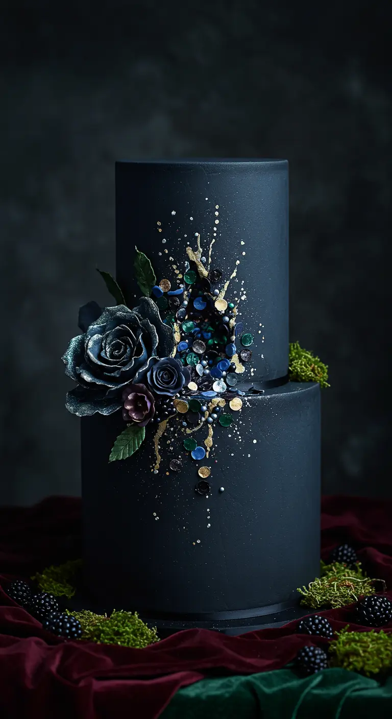 Zweistöckige schwarze Torte mit dunklen Rosen und einem Ausbruch von blauem, grünem, goldenem Konfetti.