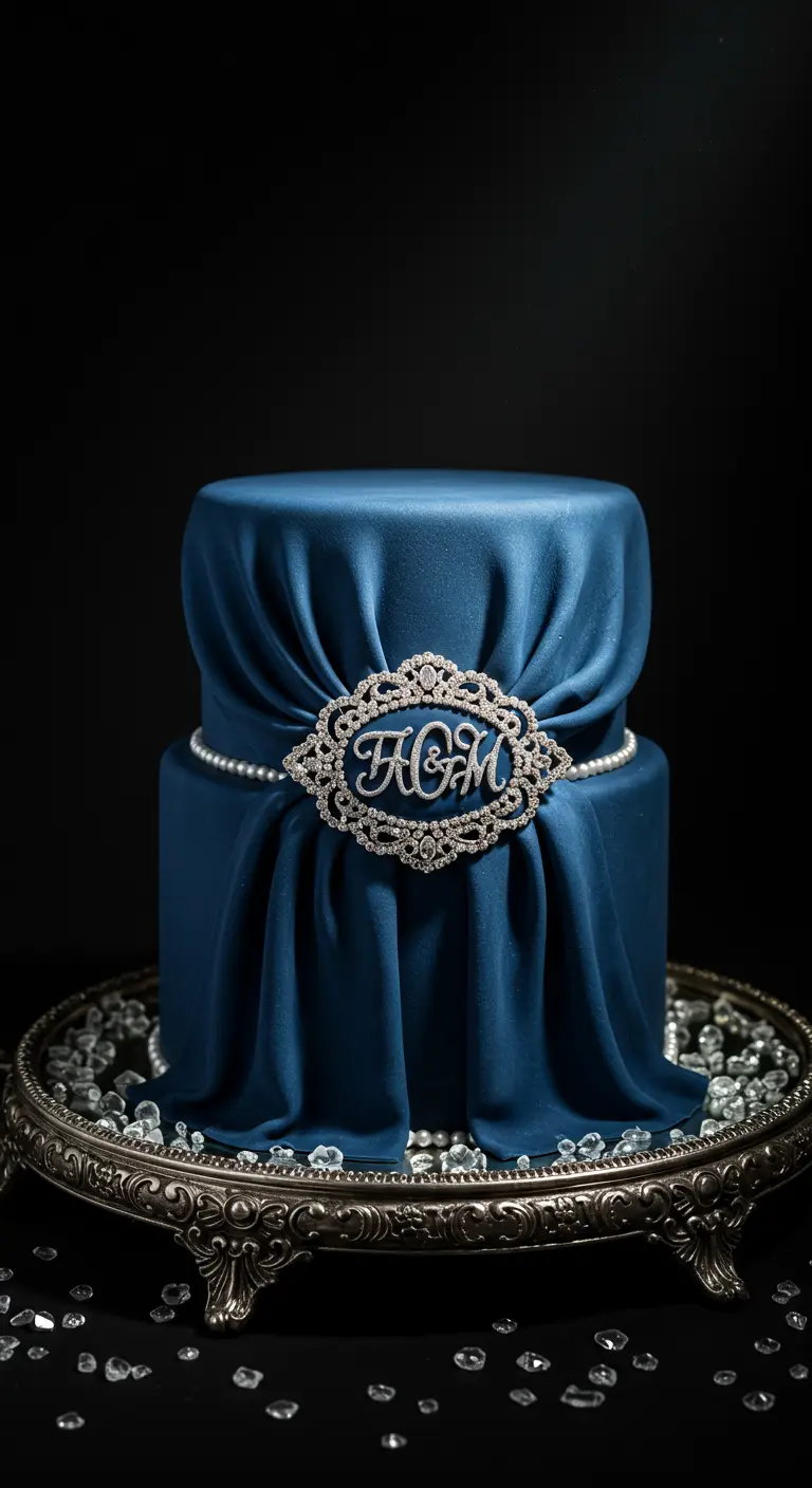 Dunkelblaue Torte mit Stoffdrapierungseffekt und silbernem Monogramm-Topper.