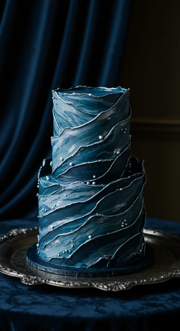 Dunkelblaue zweistöckige Torte mit silbernen Wellenkanten und Perlen.