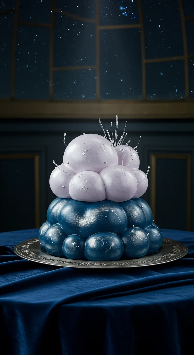 Zweistöckige Torte aus blauen und lila Kugeln, die Wolken ähneln, mit Silberperlen.