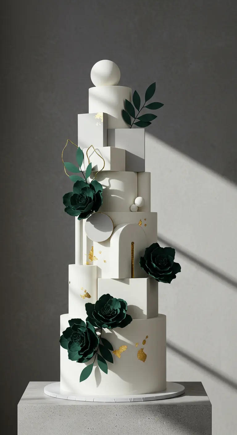 Moderne, weiße Torte mit geometrischen Formen, dunkelgrünen Zuckerblüten und Goldakzenten.