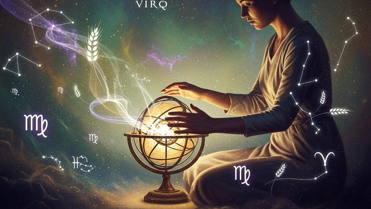 August-Horoskop: Jungfrau betrachtet leuchtenden Globus vor Sternenhimmel. Vor dem Geburtstag Klarheit finden.
