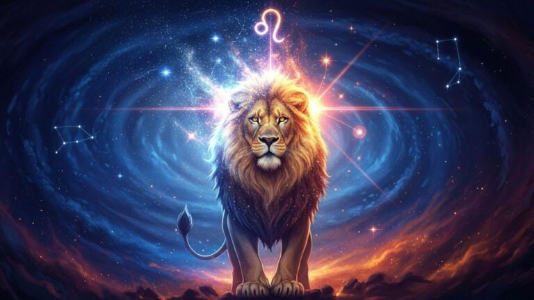 Sternbild Löwe vor kosmischem Hintergrund, Horoskop August 2025.