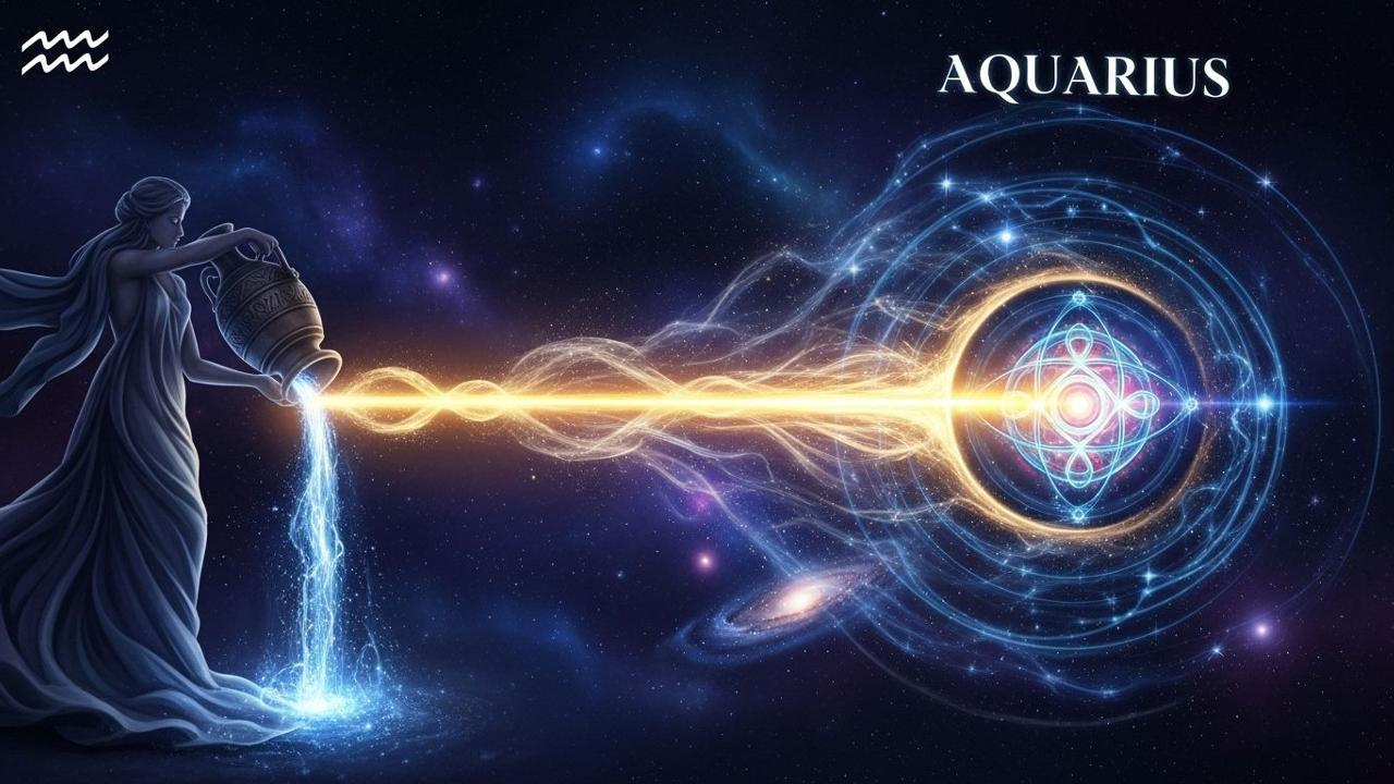 Sternzeichen Wassermann im Juli 2025: Frau mit Krug im Weltall. Horoskop-Erkenntnisse.