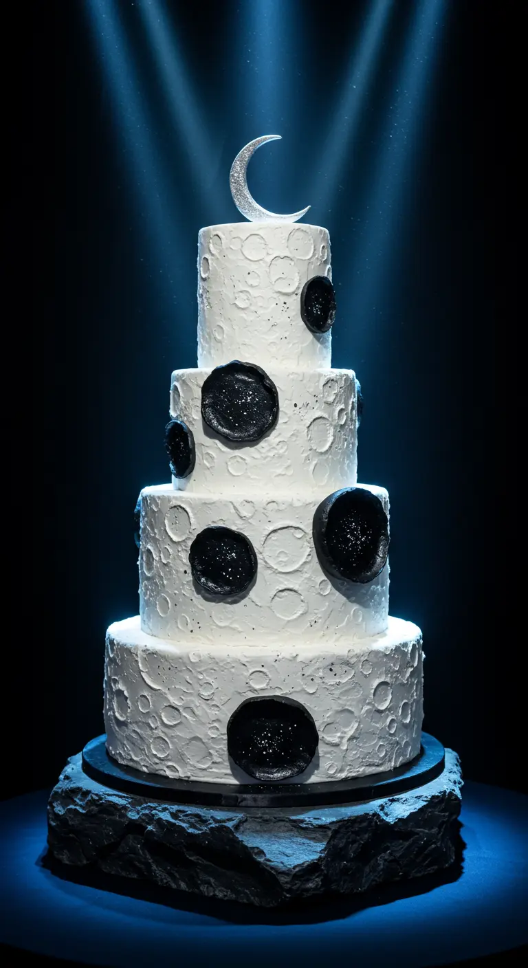 Mehrstöckige weiße Hochzeitstorte mit Mondkrater-Textur, schwarzen Akzenten und Silbermond-Topper.