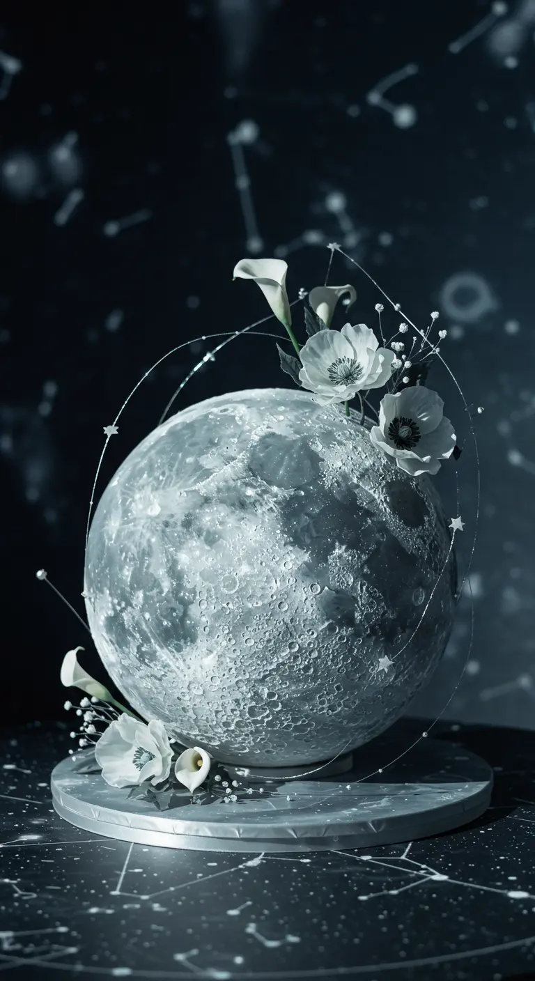 Eine kugelförmige Hochzeitstorte, die wie der Mond aussieht, umgeben von weißen Zuckerblüten und Sternen.