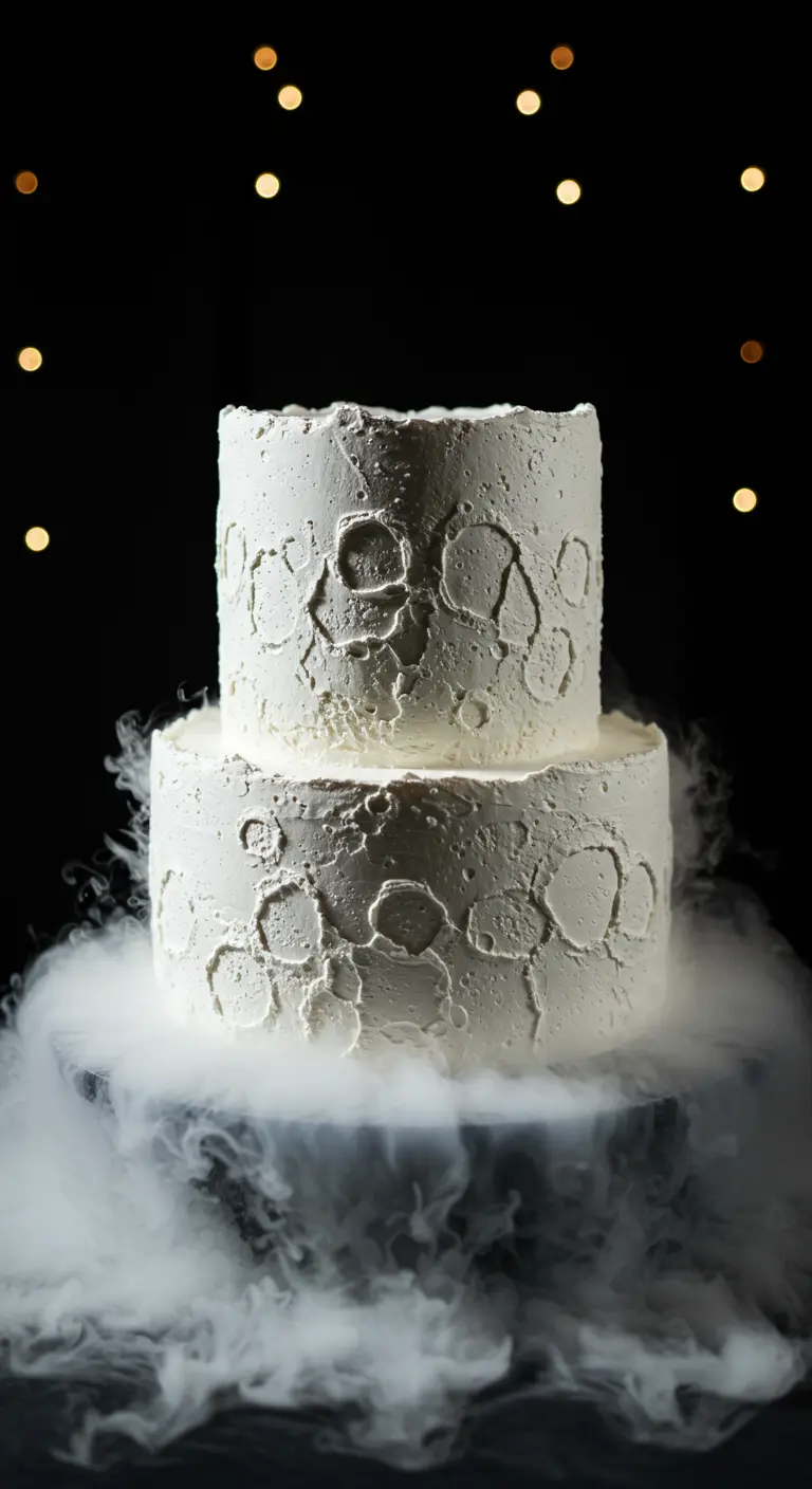 Zweistöckige weiße Torte mit Kratertextur, die an eine Mondoberfläche erinnert, umgeben von Nebel.