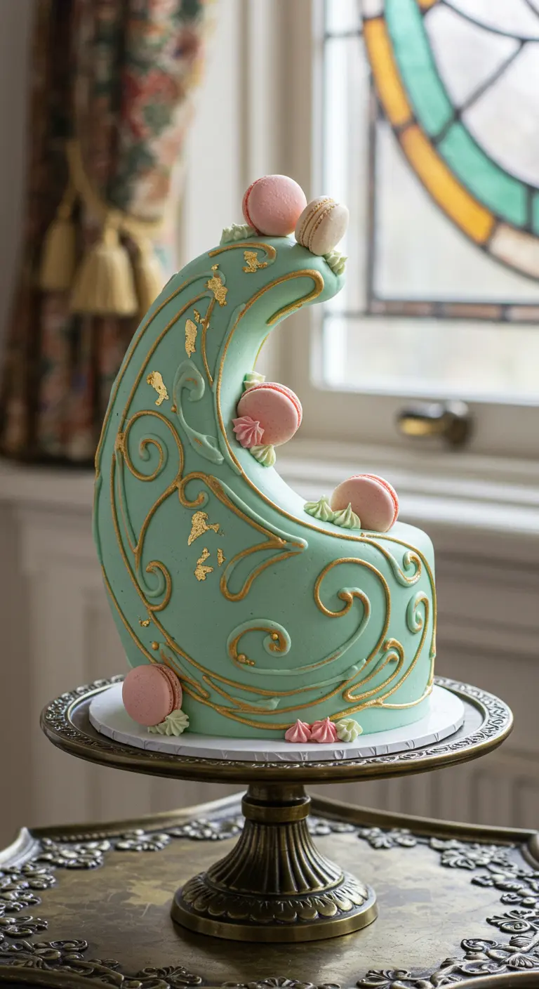 Halbmondförmige mintgrüne Torte mit goldenen Schnörkeln und rosa Macarons.