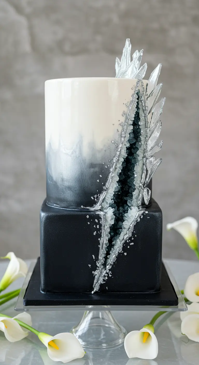 Zweistöckige Torte in Schwarz-Weiß-Ombre mit einer Geoden-Öffnung voller glitzernder Eiskristalle.