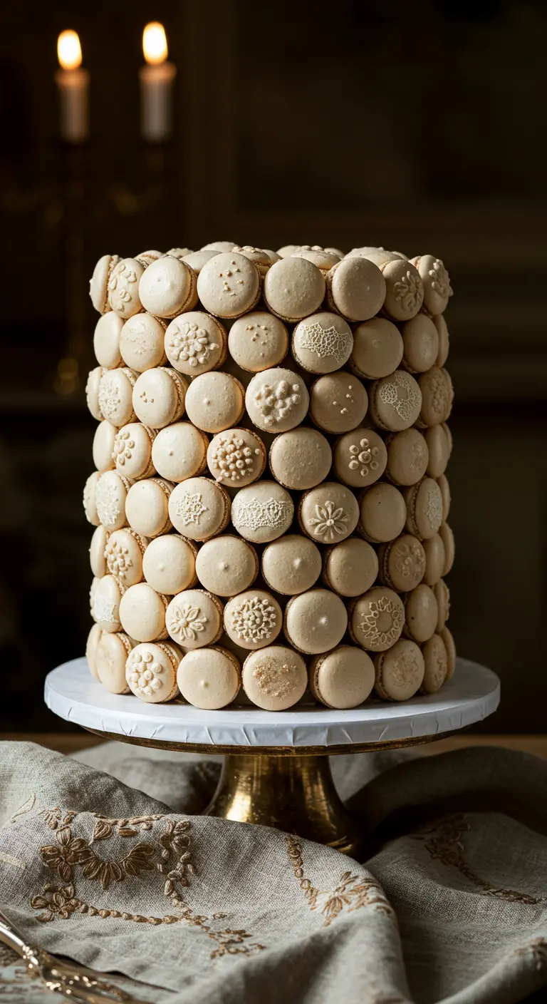 Runde Torte komplett mit beigen Macarons bedeckt, teils mit Prägungen, auf einem Ständer.